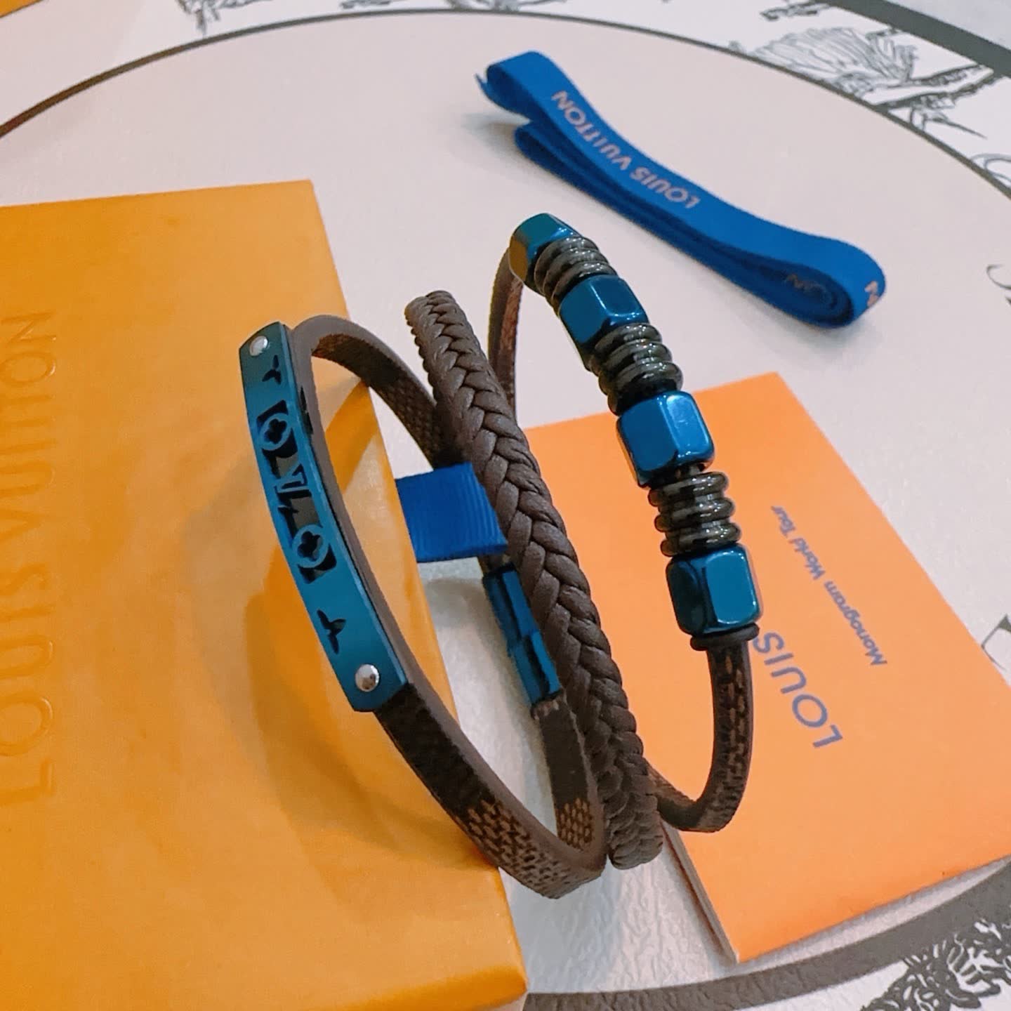 Louis Vuitton Brown Leather and Blue Bead Bracelet